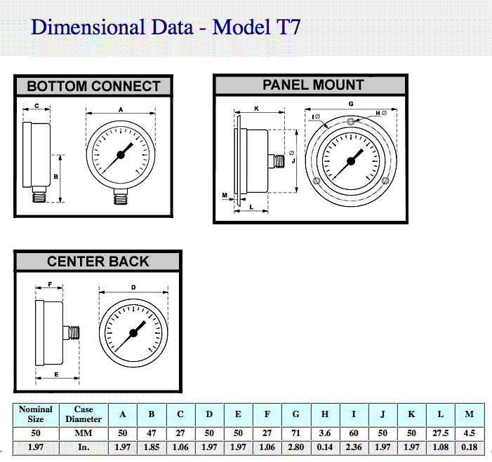 Dimensional Drawings for McDaniel Model T7 - 2" Dial